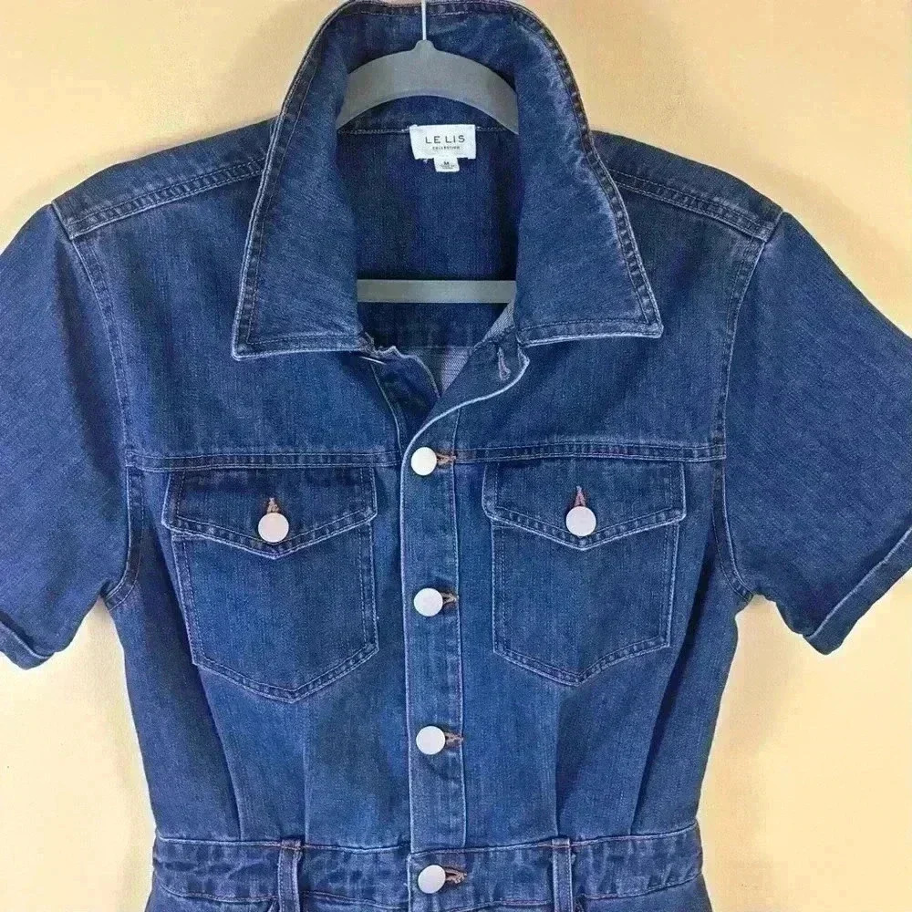 Le Lis Denim “70’s” Retro Collared Button Down Fitted Raw Hem Jean Dress Size M - Picture 4 of 16